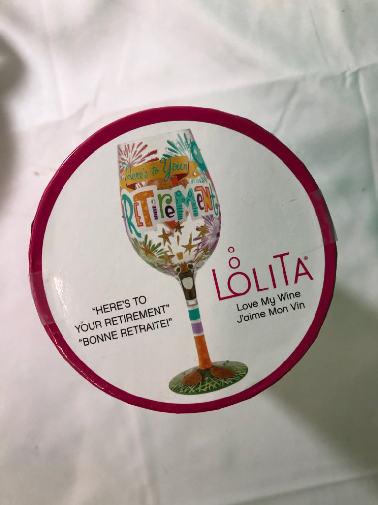 NIB LOLITA RETIREMENT WINE GLASS.