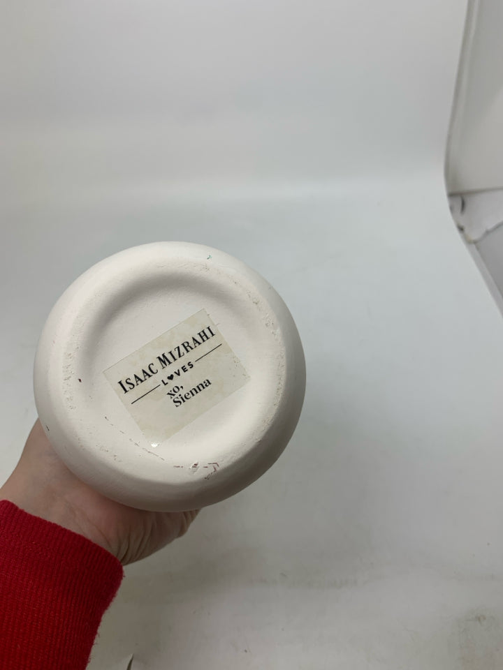 ISAAC MIZRAHI WHITE MATTE BOTTOM PINK DRIP GLAZE TOP VASE.