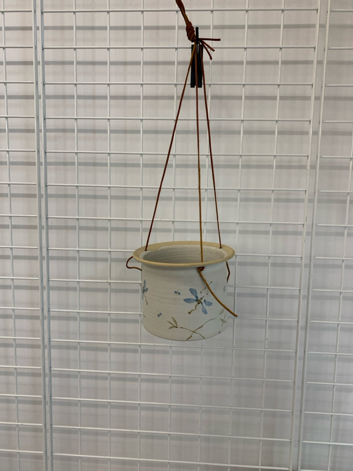DRAGONFLY PAINTED HANGING STONEWARE PLANTER.