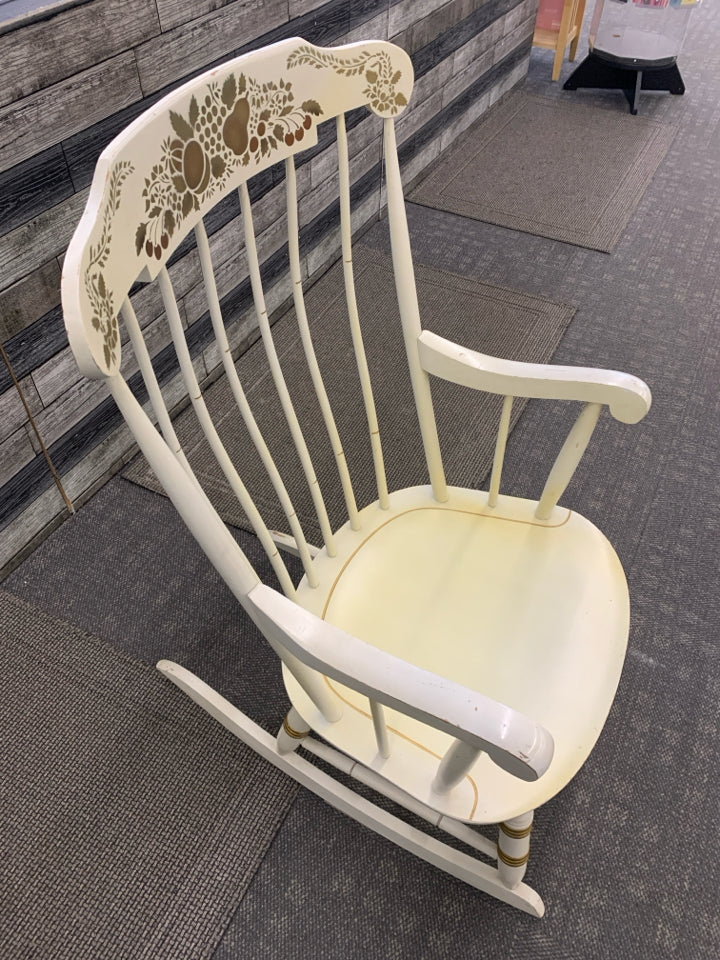 VTG WOOD ROCKING CHAIR W/GOLD PAINTED FRUITS.