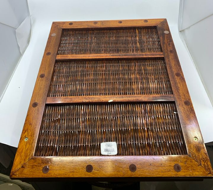 LARGE "RIVER WOOD" TRAY W/ WOOD FRAME DARK WICKER BASE + HANDLES.