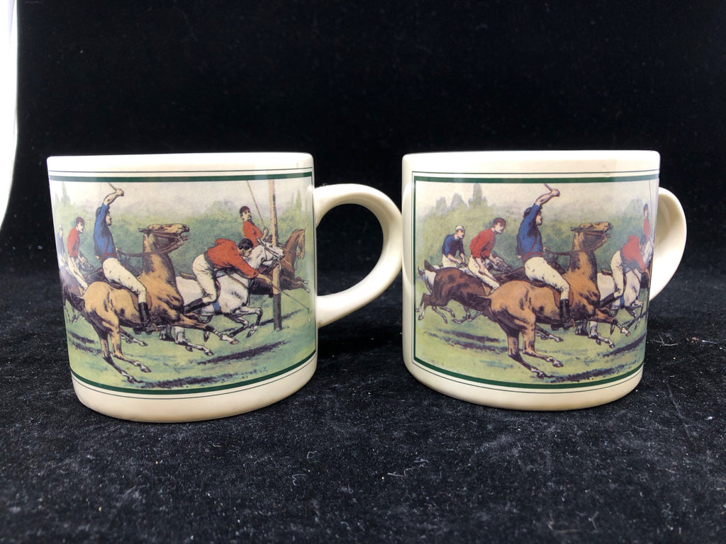 2 VTG MEN RIDING HORSES MUGS- KOREA.