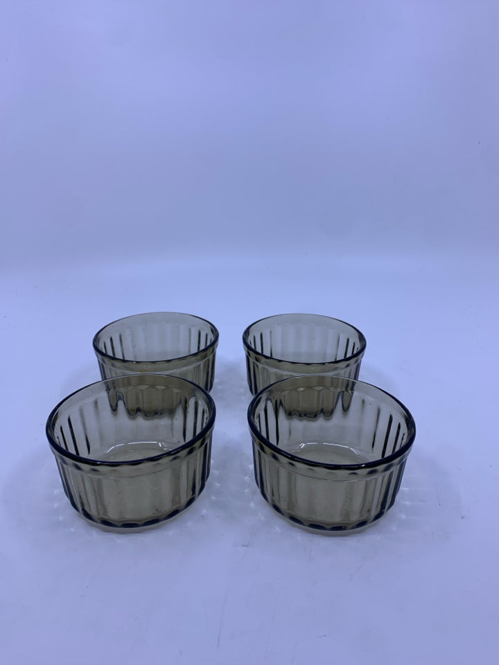 4 BROWN RIBBED GLASS SPICE BOWLS.