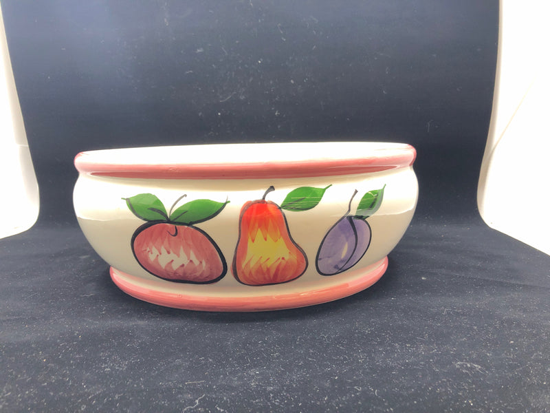 WHITE CERAMIC FRUIT BOWL W PINK RIM.