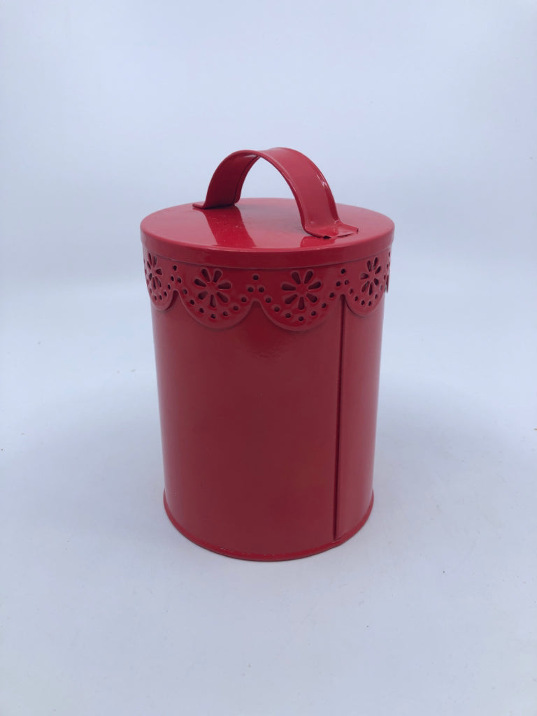 TIN RED CANISTER W/LID.