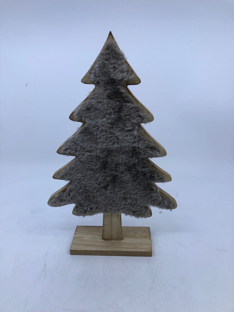 SMALL WOODEN WITH FUZZY GREY CHRISTMAS TREE WITH WOODEN BASE.