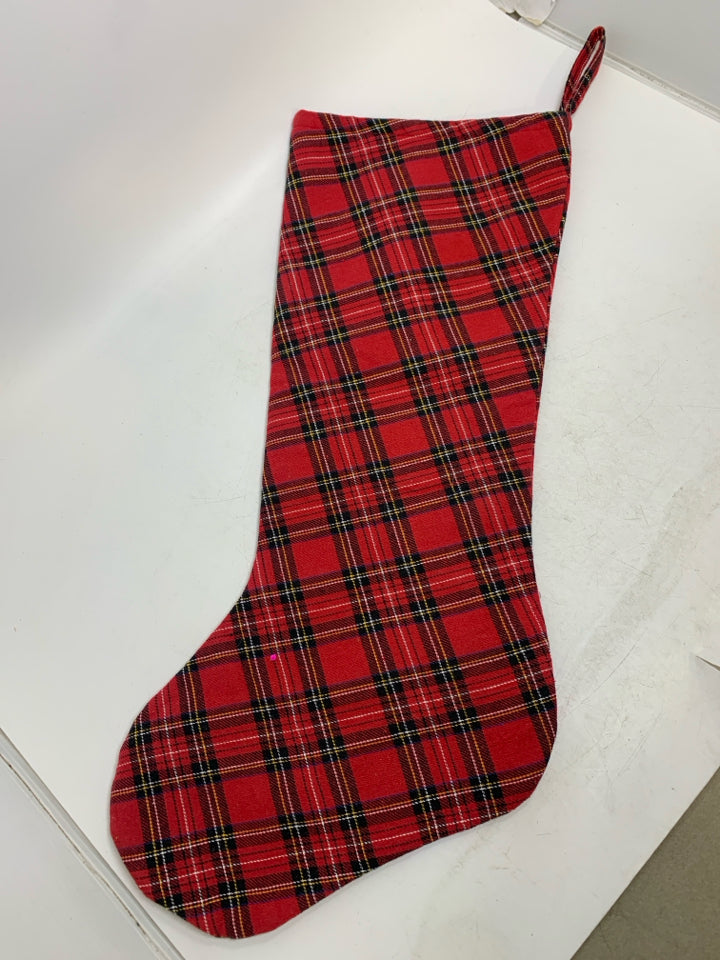 RED PLAID W/ BEADED SNOWFLAKES STOCKING.