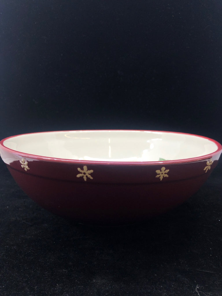 LARGE SNOWMAN SERVING BOWL W MAROON OUTSIDE AND SNOWFLAKES.