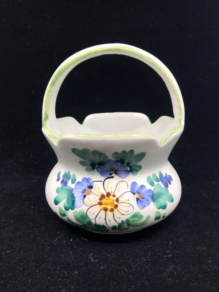 FLORAL PAINTED CERAMIC BASKET.