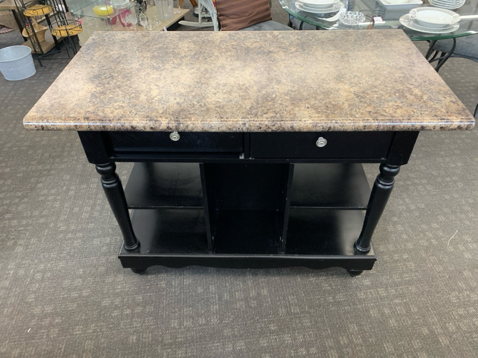 BLACK LEGS W/ MIKA GRANITE COUNTER ISLAND W/ 2 ALL THE WAY THROUGH DRAWERS/ SHEL