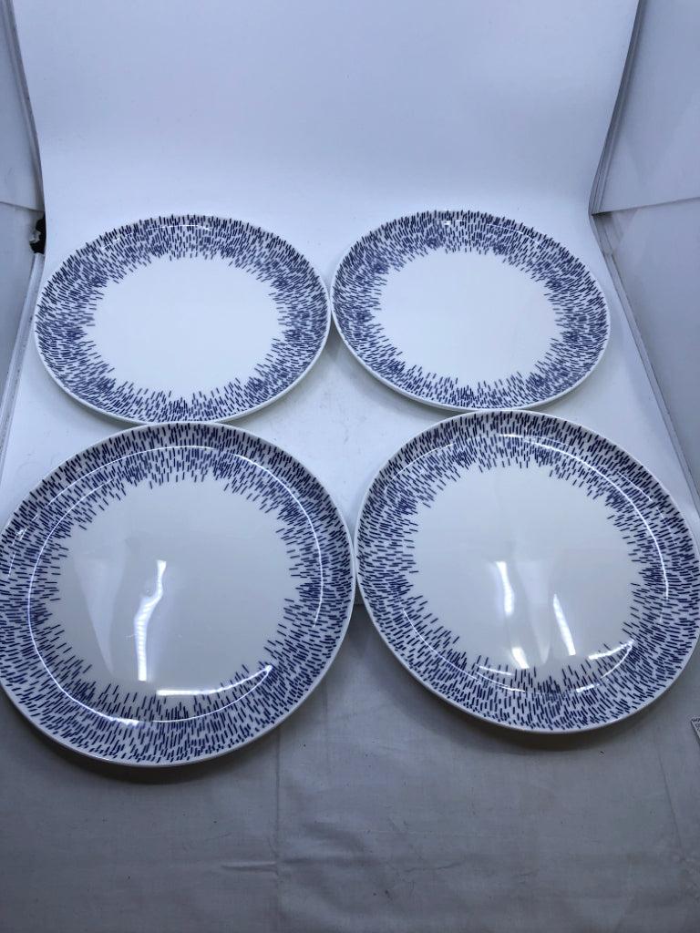 4 WHITE DINNER PLATES W/ BLUE LINED EDGE MIKASA.