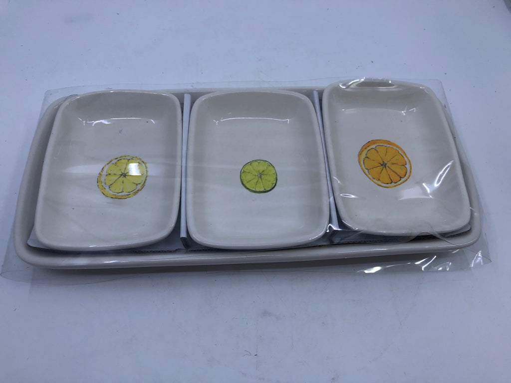 NIP WHITE SERVING TRAY WITH 3 PIECE TRAYS ORANGES AND LIME-RAE DUNN.