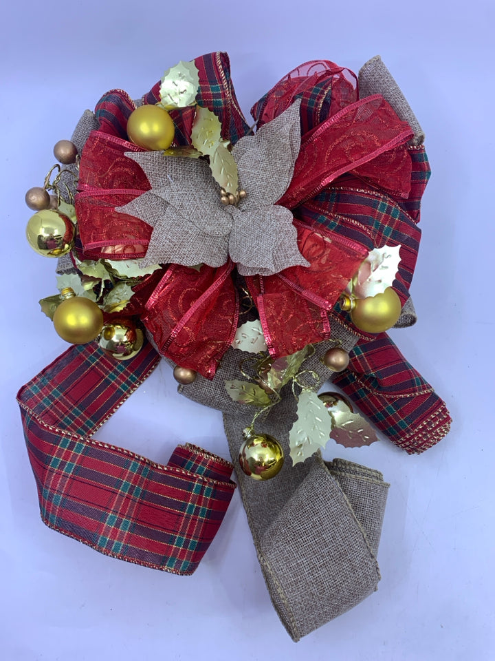 BURLAP RED PLAID POINSETTIA BOW TREE TOPPER.