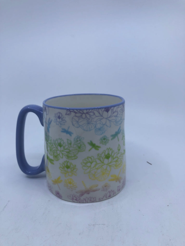 LIGHT PURPLE RIM W/ RAINBOW PATTERN LOTUS/DRAGONFLIES MUG.