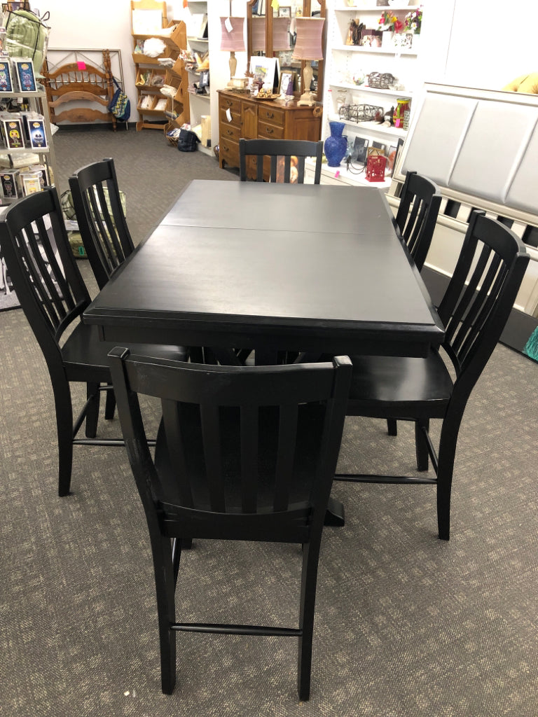 BLACK KITCHEN TABLE W 6 HIGH CHAIRS.