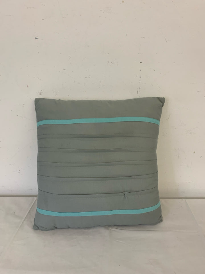 GREY W TEAL STRIPE SQUARE PILLOW.