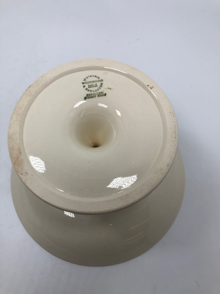 VTG QUEENSWARE PEDESTAL COMPOTE DISH BLUE ON WHITE.