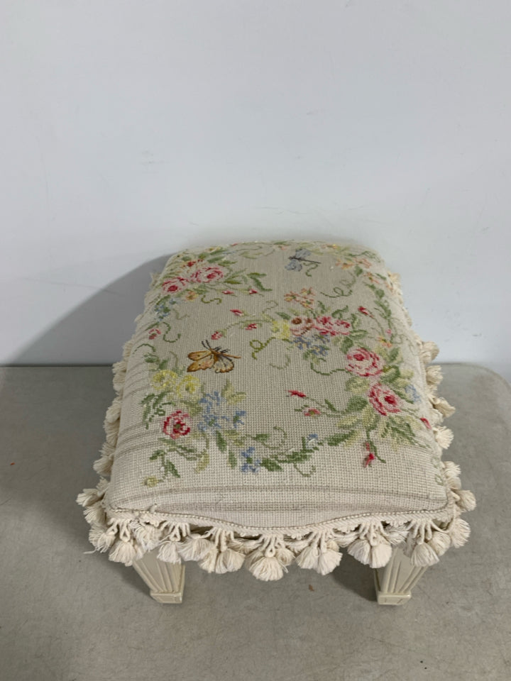 EMBROIDERED FLOWER/BUTTERFLY FOOT STOOL W/ FRINGE.