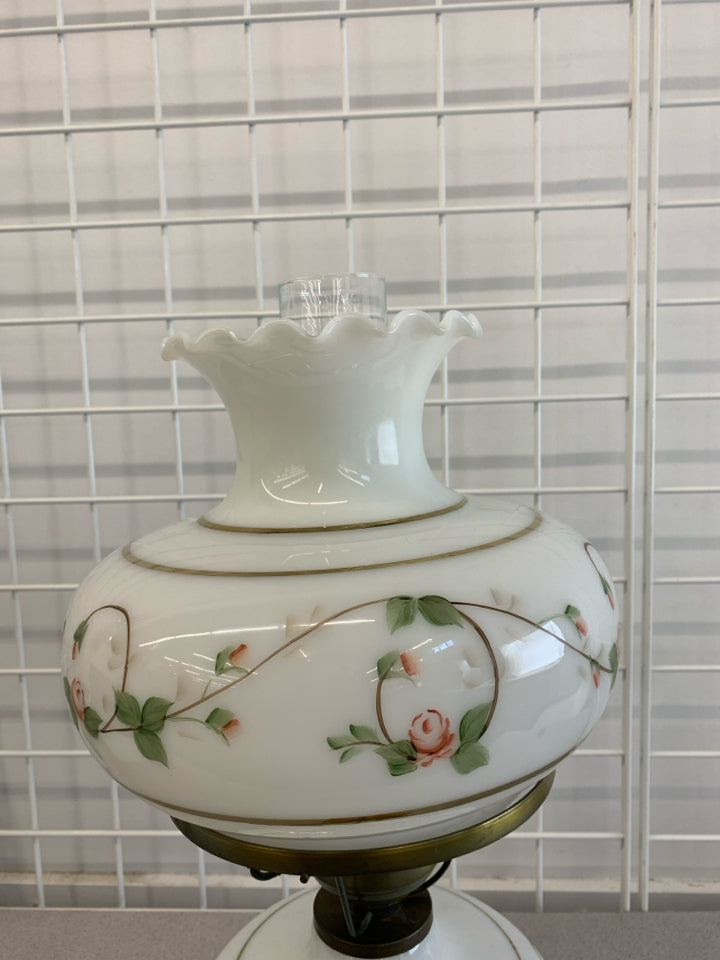 VTG MILK GLASS & ROSE HURRICANE PARLOR LAMP.