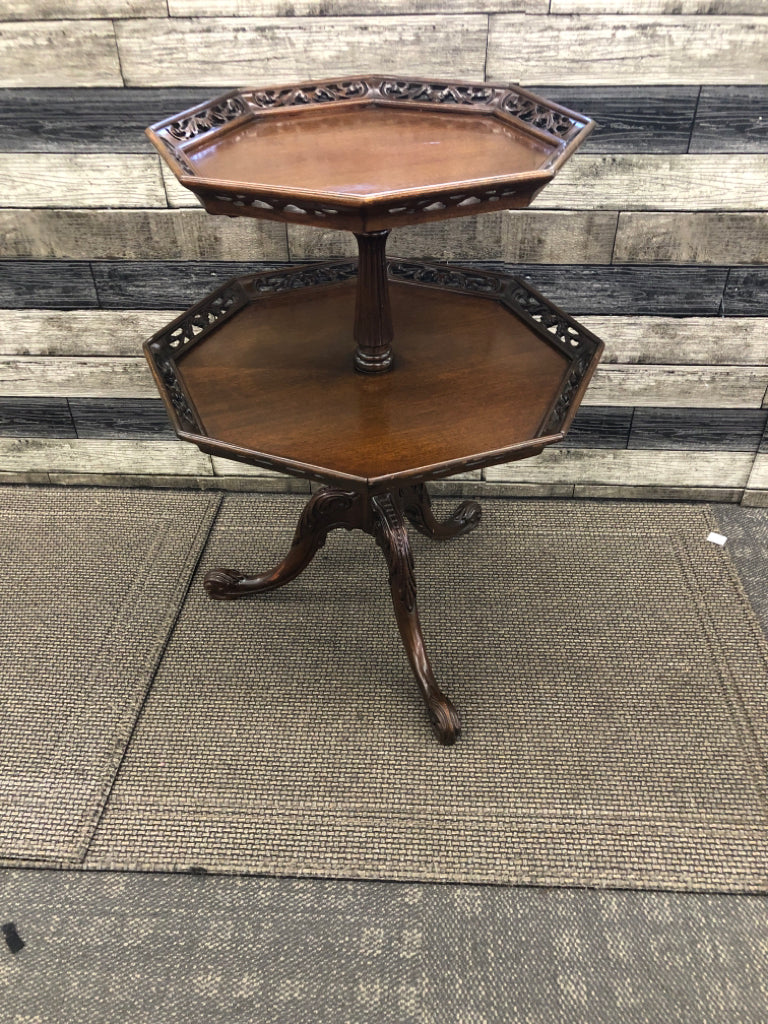 2 VTG TIERED CARVED WOOD TABLE.