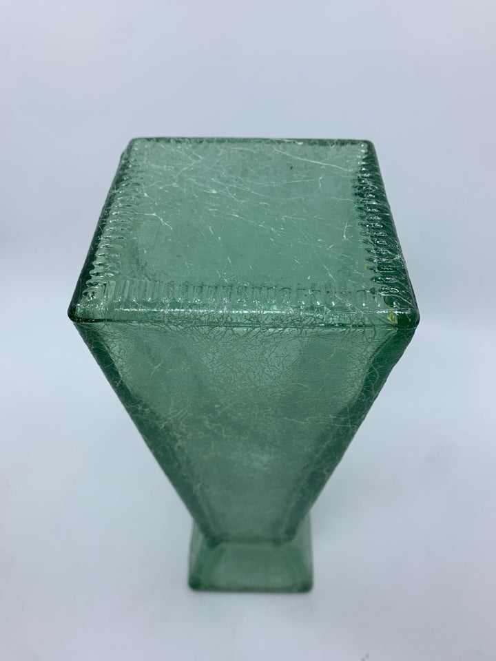 GREEN FROSTED GLASS VASE W/WHITE PAINT SPLATTER.