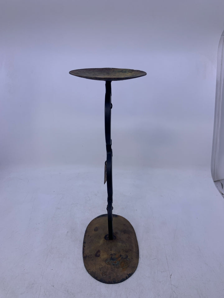 METAL RUSTIC PILLAR CANDLE HOLDER W/ HEARTS/CIRCLES.