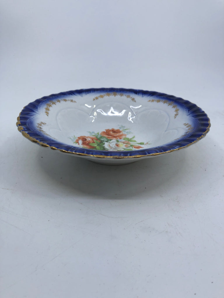 VTG ROYAL BLUE, PEONIES PAINTED BOWL.