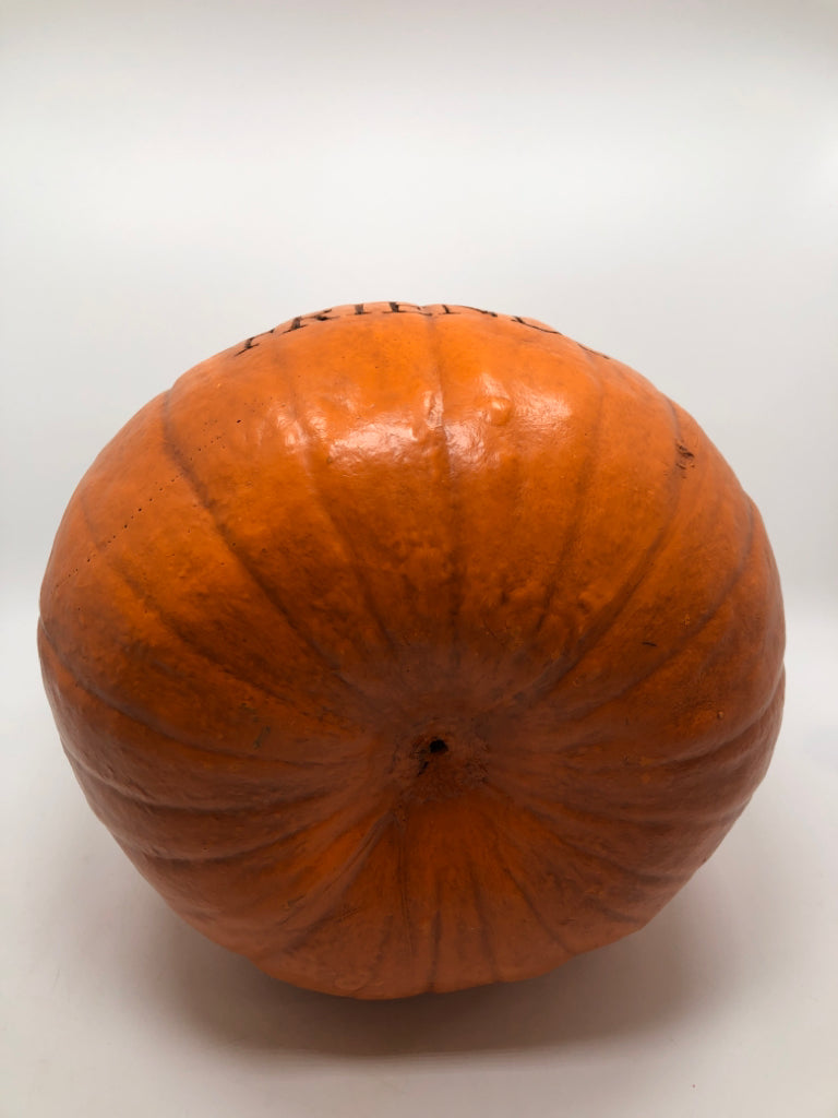 "WELCOME FRIENDS" ORANGE CARVED FAUX PUMPKIN.