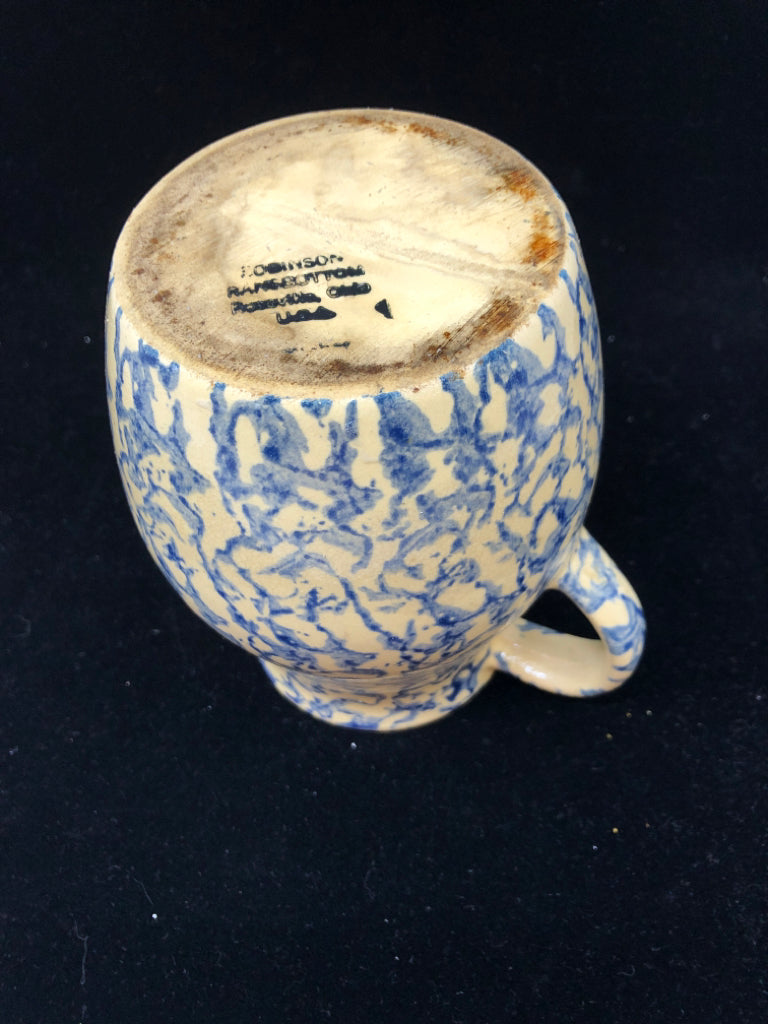 BEIGE CERAMIC PITCHER W/BLUE MARBLE DESIGN ROBINSON RANSBOTTOM.