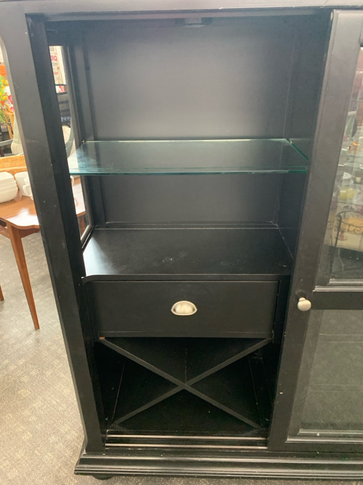 CABINET W/ 2 SLIDING GLASS DOORS 4 DRAWERS/WINE RACK/ GLASS SHELVES WOOD TOP.