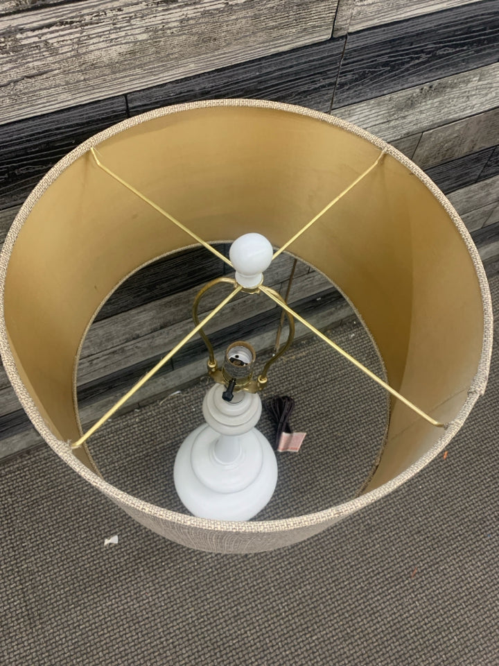 WHITE BUBBLE BASE LAMP W TAN SHADE.