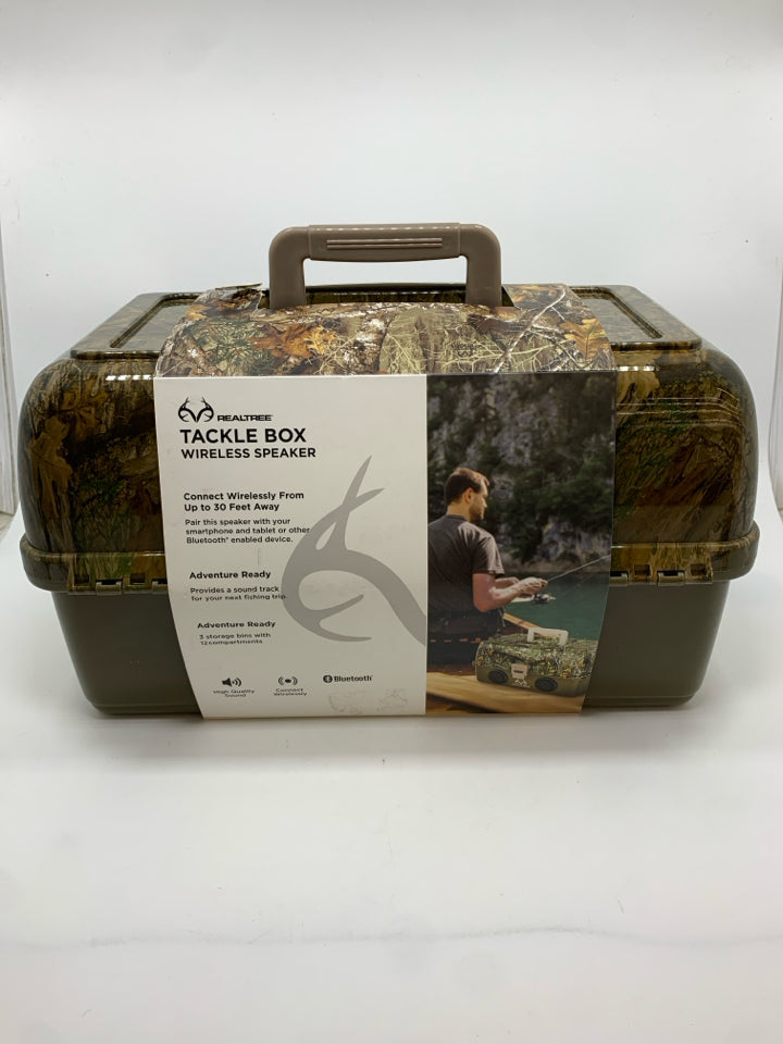 NIP REALTREE CAMO TACKLE BOX W/WIRELESS SPEAKER.