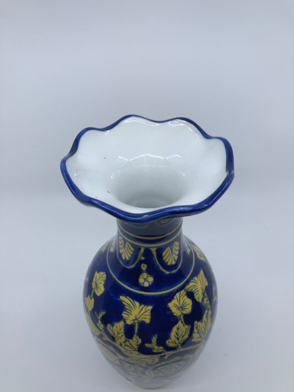 BLUE AND YELLOW FLARED TOP VASE.