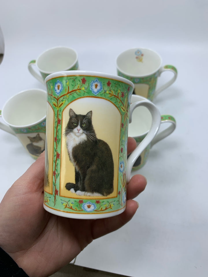 5 BONE CHINA ASSORTED CAT MUGS.