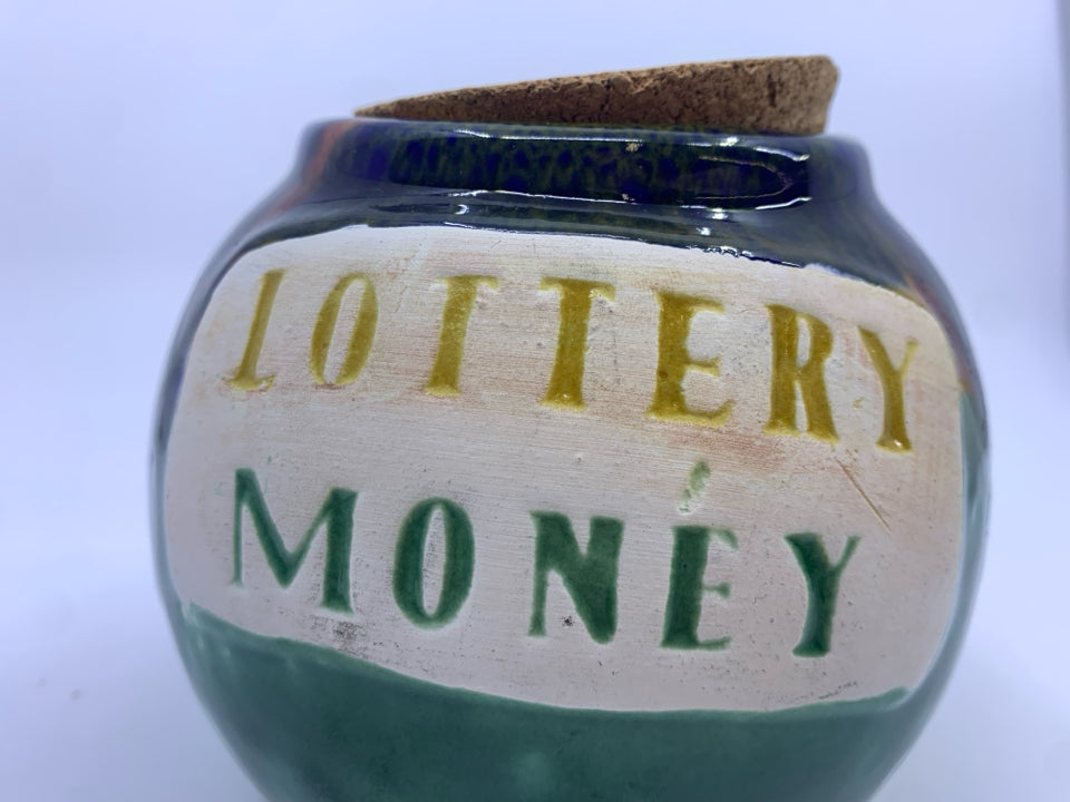 LOTTERY MONEY JAR W/CORK TOP.