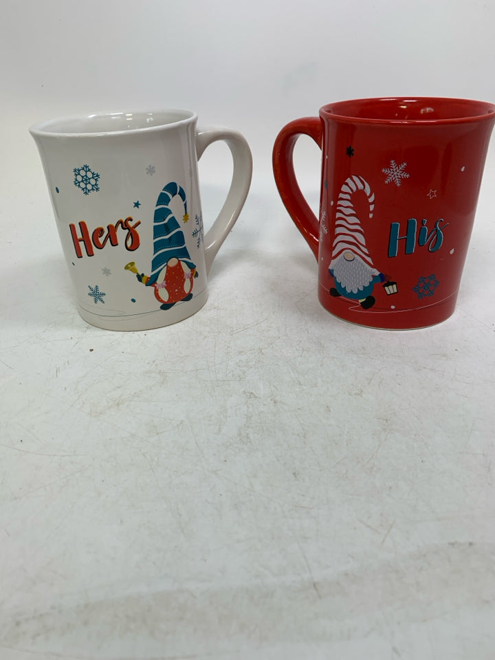 2 HIS/HERS GNOME THEME RED & WHITE MUGS.