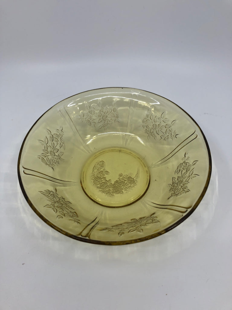 VTG YELLOW GLASS BOWL W/ EMBOSSED ROSES.