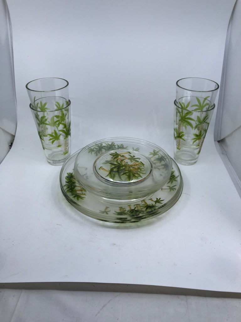 12 PC MELAMINE CLEAR W/ PALM TREES CUPS,DINNER,LUNCH PLATES TOMMY BAHAMA.