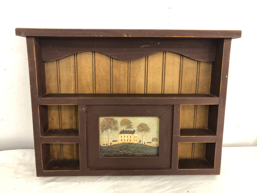 PRIMITIVE HANGING SHELF W PICTURE OF WHITE HOUSE + 5 SHELVES.