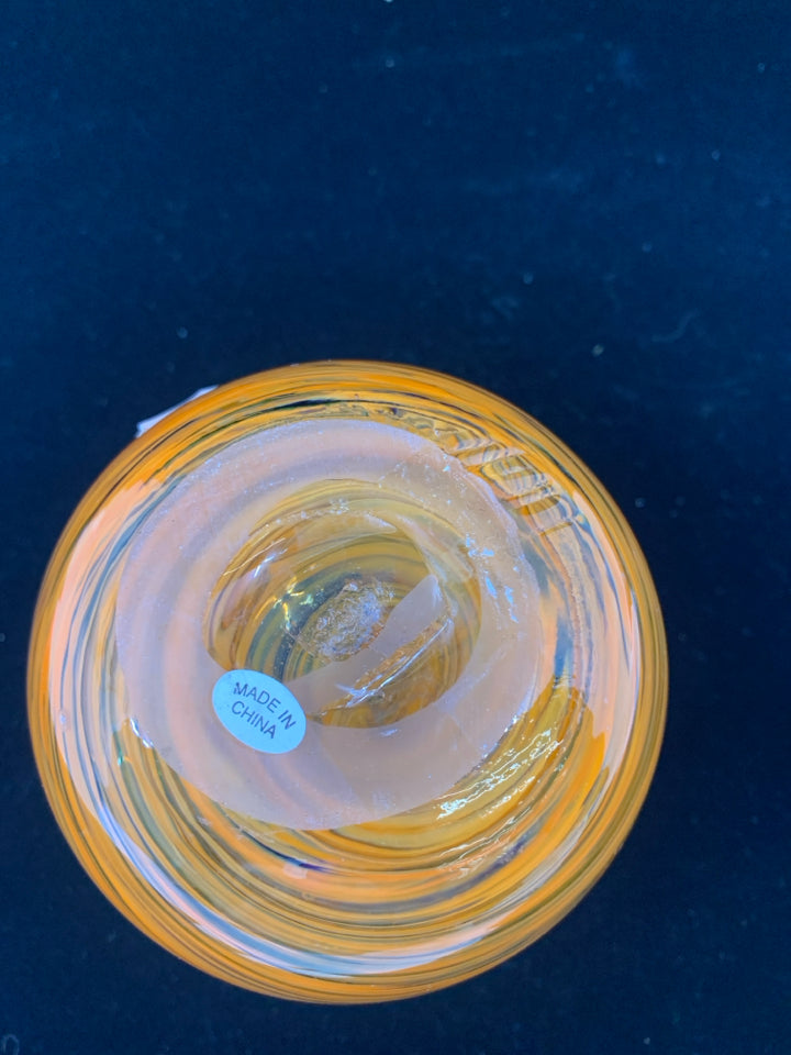 ORANGE & BLACK SWIRL GLASS VASE.