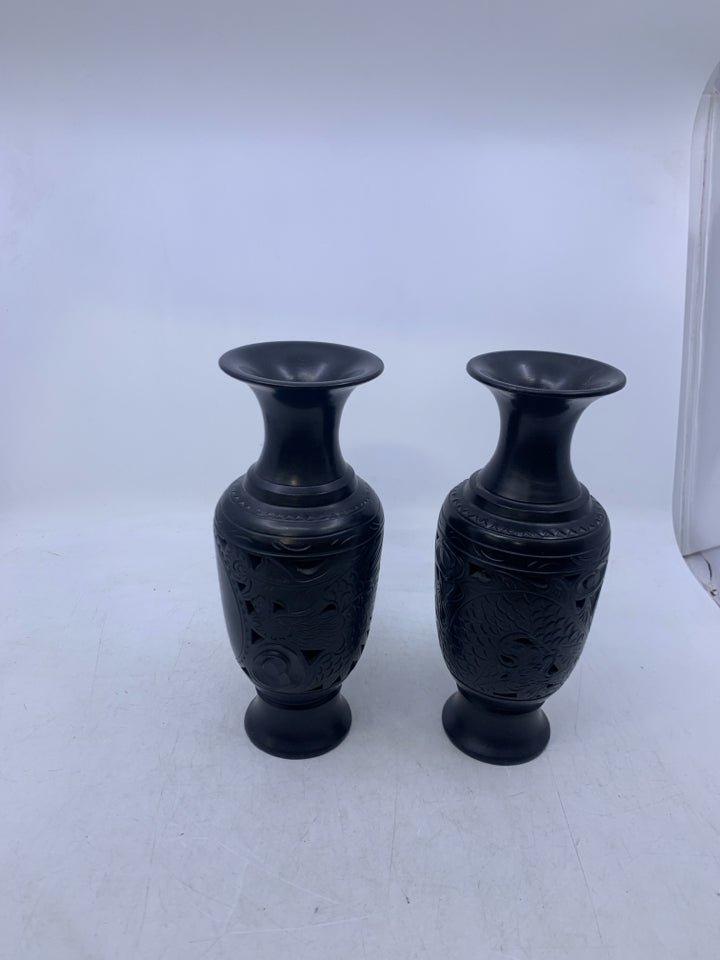 2 BLACK CHINESE CLAY PIERCED VASE W/ GOLD SCRIPT.