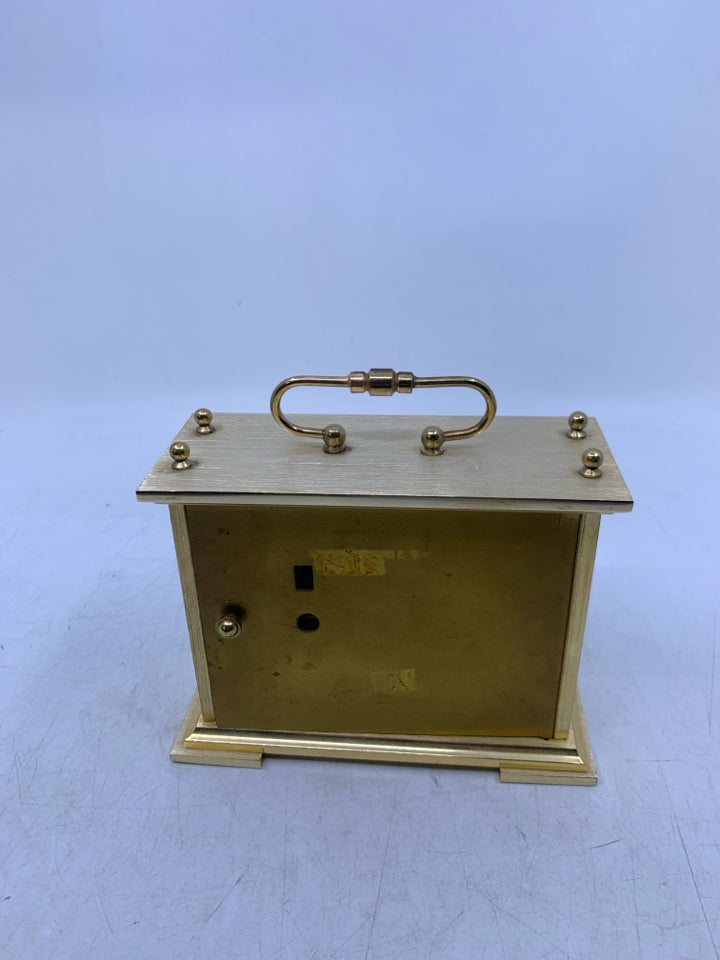 GOLD METAL RECTANGLE VERICHRON DESK CLOCK W/ HANDLE.