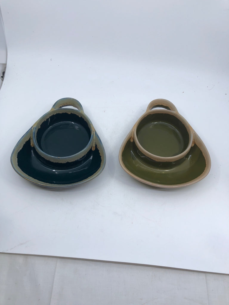 2 CERAMIC GREEN+BLUE SOUP/ CRACKER BOWLS.