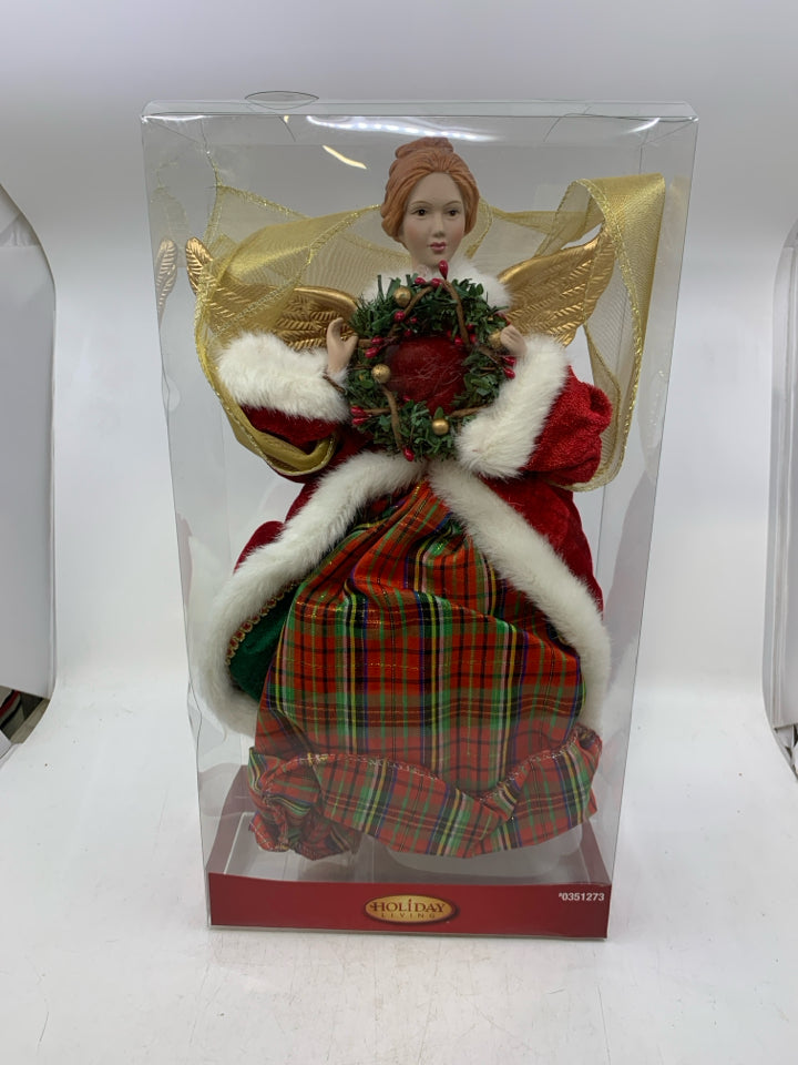 NIP ANGEL TREE TOPPER W/ PLAID DRESS/RED COAT.