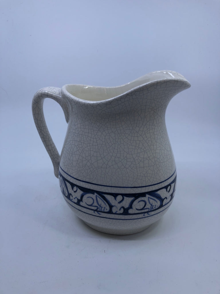 WHITE CRACKLE DESIGN PITCHER W/ BLUE RABBIT BAND DEEDHAM POTTERY.