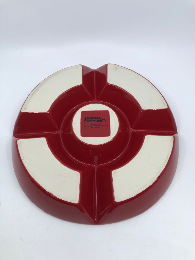 RED DIVIDED ASIAN STYLE SERVING BOWL.
