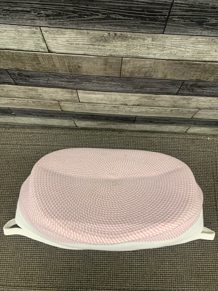 LARGE WOVEN PINK/WHITE BASKET.