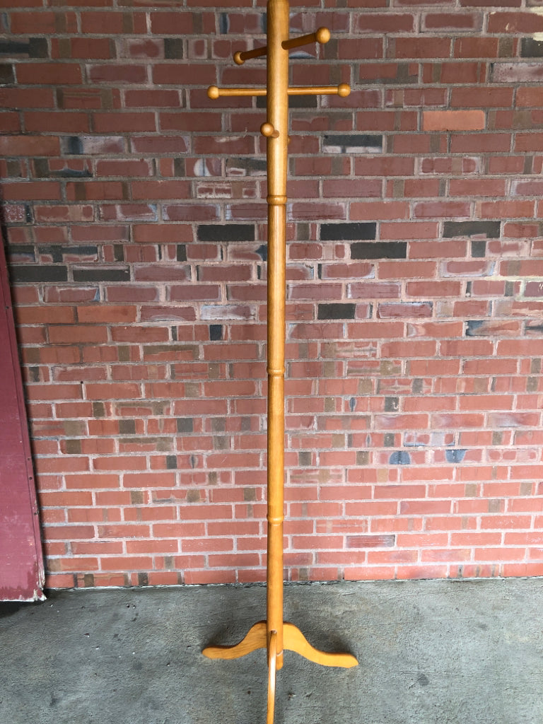 TALL WOODEN COAT RACK.