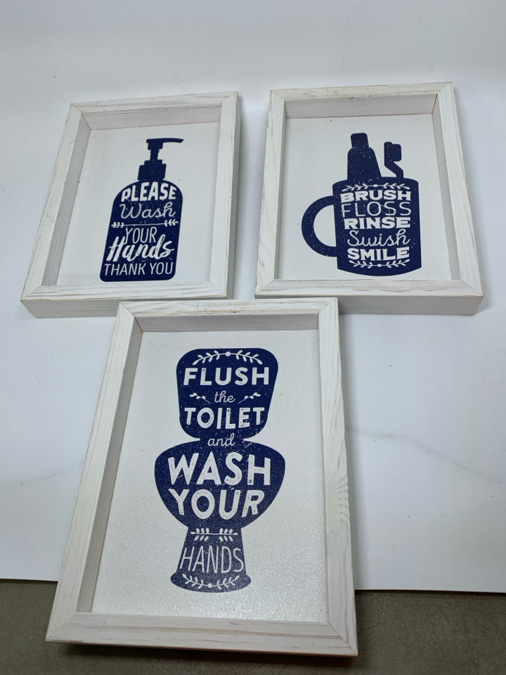 3 BATHROOM THEMED WALL ART WASH YOUR,BRUSH YOU,FLUSH YOUR.