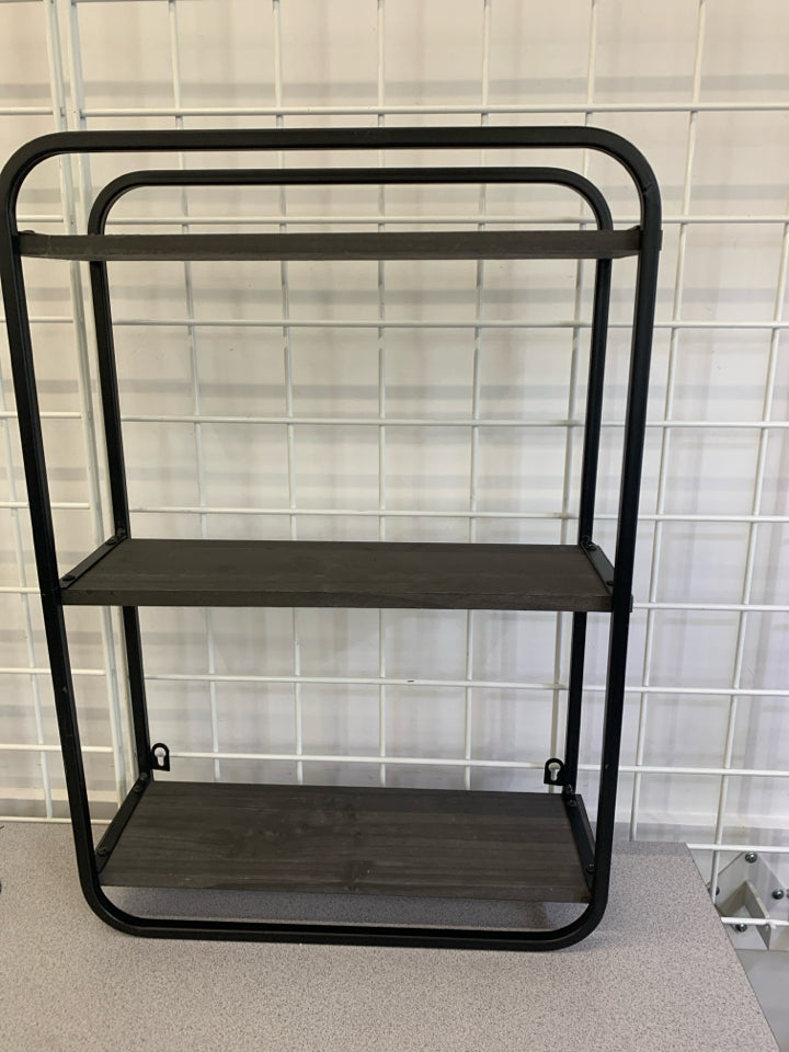 3 TIER GREY SHELVES W/METAL FRAME WALL HANGING.